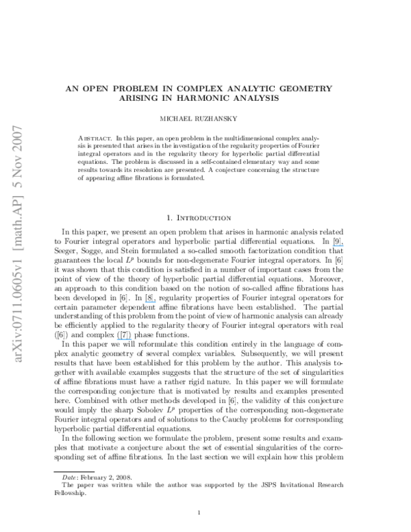 (PDF) An Open Problem in Complex Analytic Geometry Arising in Harmonic ...