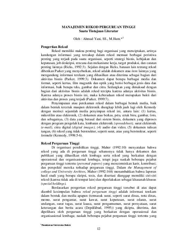 Pdf Manajemen Rekod Perguruan Tinggi Suatu Tinjuan Literatur Ahmad Yani Academia Edu