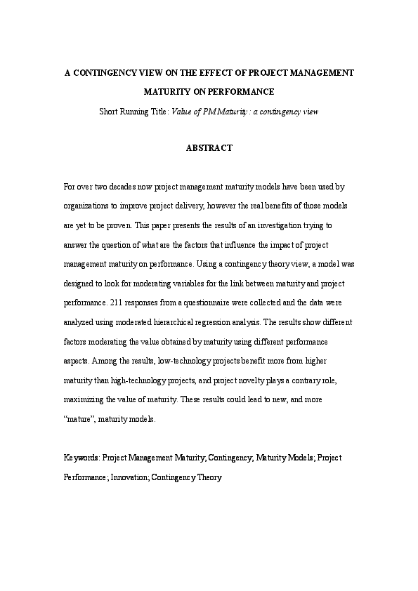 (PDF) A Contingency View On The Effect Of Project Management Maturity ...
