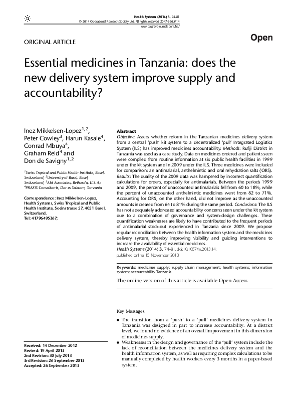 (PDF) Essential medicines in Tanzania does the new delivery system