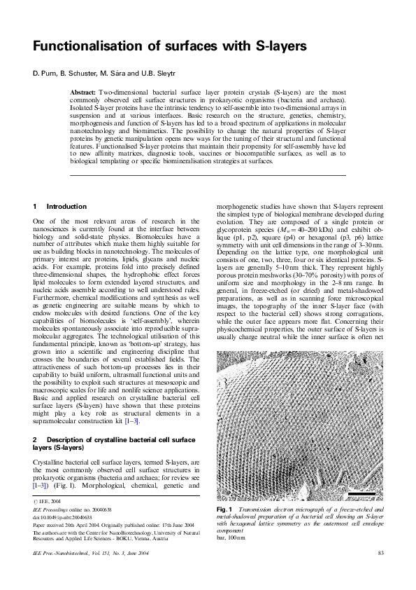 (PDF) Functionalisation of surfaces with S-layers