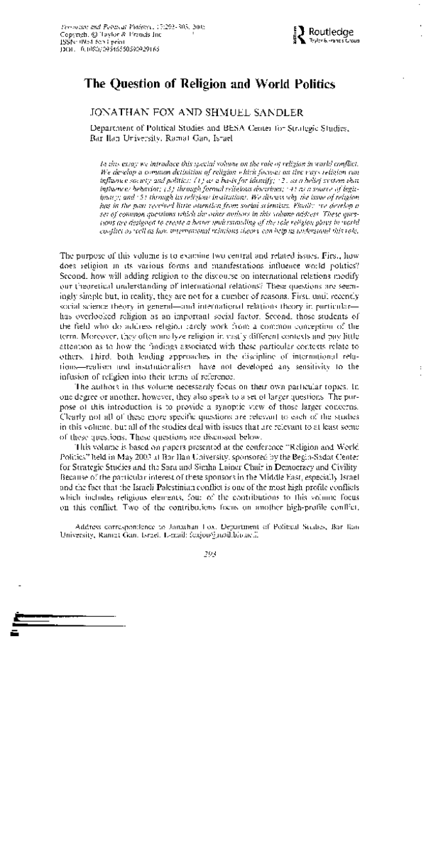 (PDF) The Question of Religion and World Politics Jonathan Fox