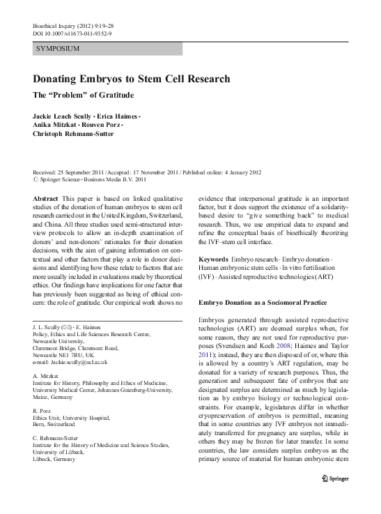 (PDF) Donating Embryos to Stem Cell Research Erica Haimes Academia.edu