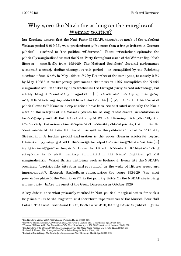 Why were the Nazis for so long on the margins of Weimar politics?