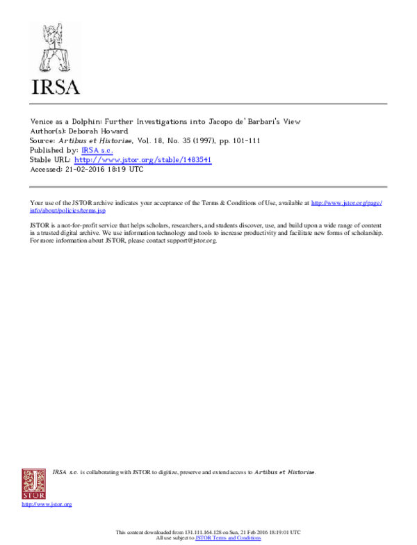 Venice as a Dolphin: Further Investigations into Jacopo de' Barbari's View