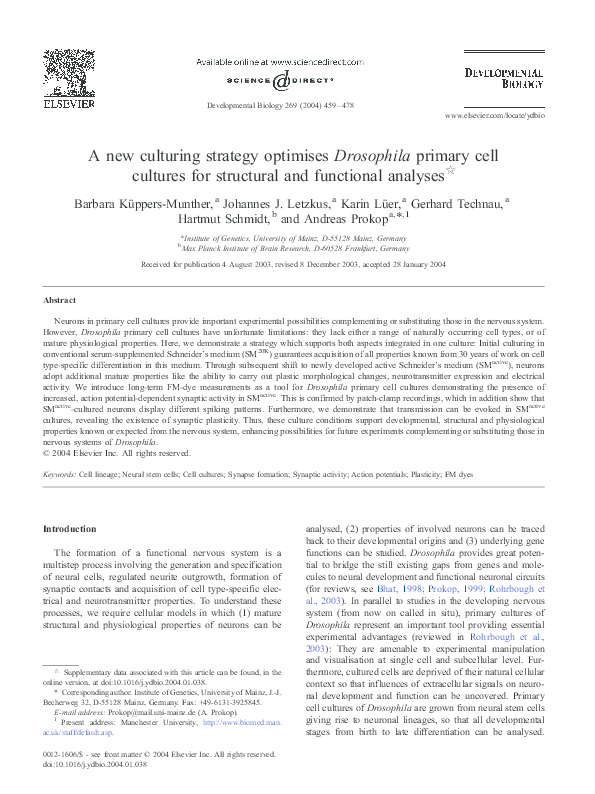 (PDF) A new culturing strategy optimises Drosophila primary cell