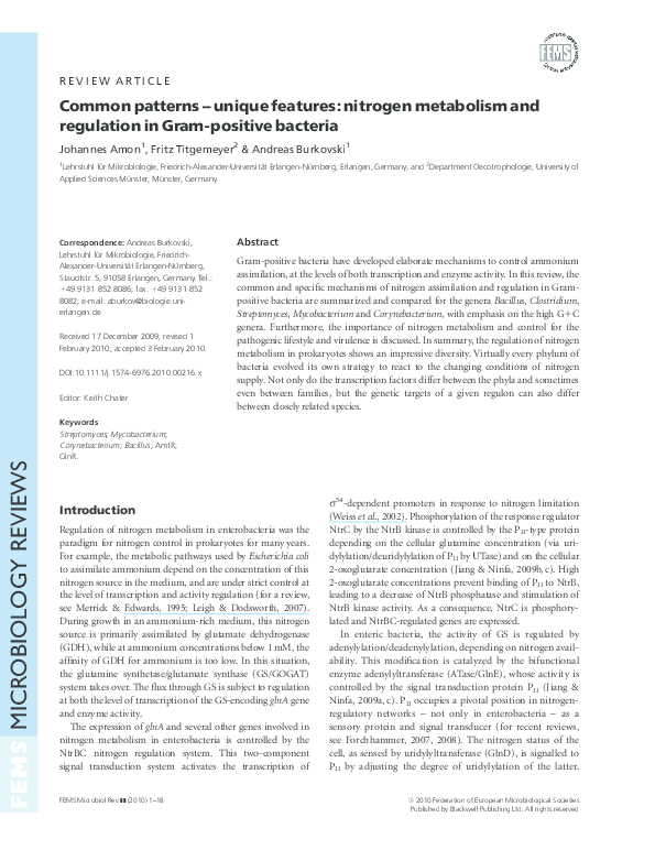 (PDF) Common patterns - unique features: nitrogen metabolism and ...