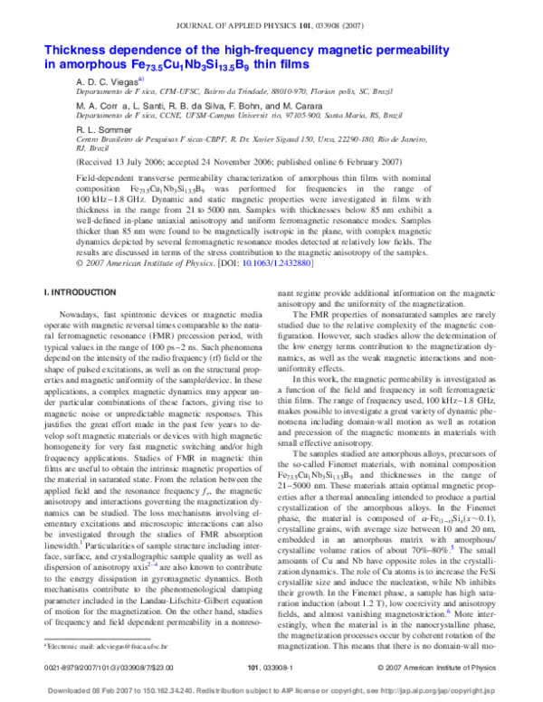 (PDF) Thickness dependence of the high-frequency magnetic permeability ...