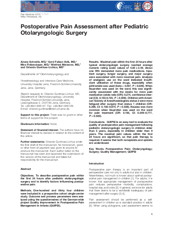 (PDF) Postoperative Pain Assessment after Pediatric Otolaryngologic Surgery