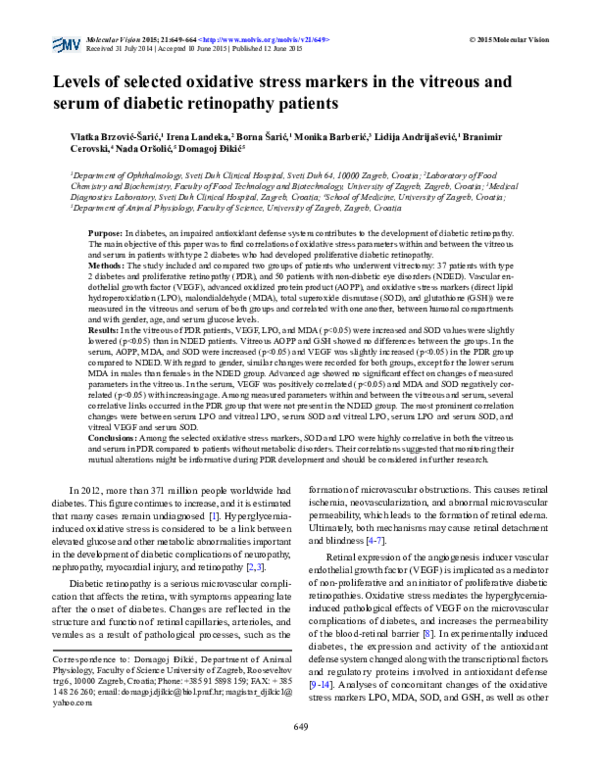(PDF) Levels of selected oxidative stress markers in the vitreous and ...