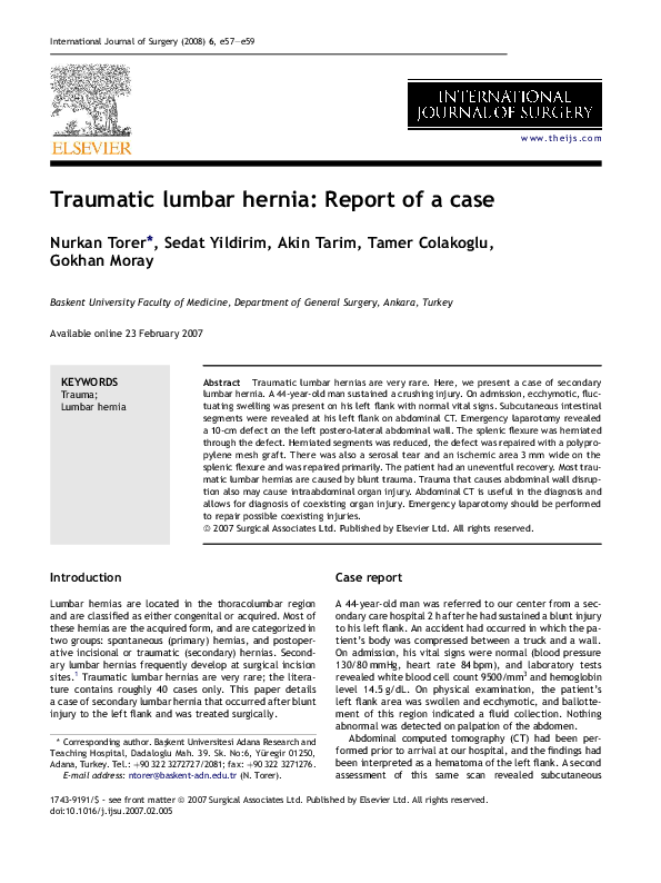 (PDF) Traumatic lumbar hernia Report of a case Akin Tarim Academia.edu