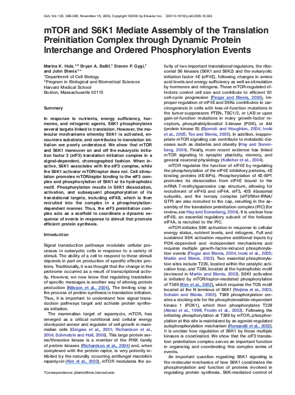 (PDF) mTOR and S6K1 Mediate Assembly of the Translation Preinitiation ...