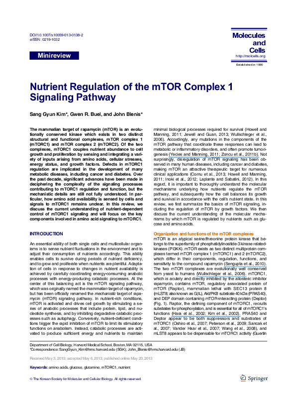 (PDF) Nutrient regulation of the mTOR Complex 1 signaling pathway