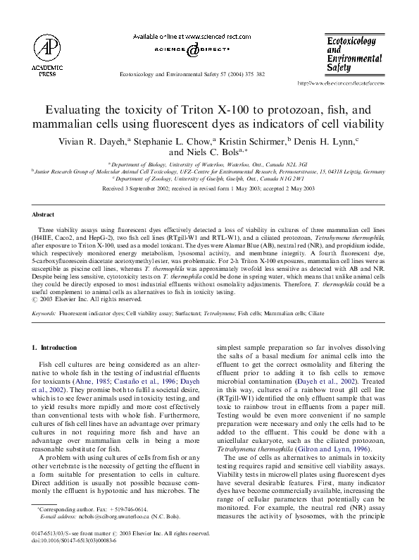(PDF) Evaluating the toxicity of Triton X100 to protozoan, fish, and mammalian cells using