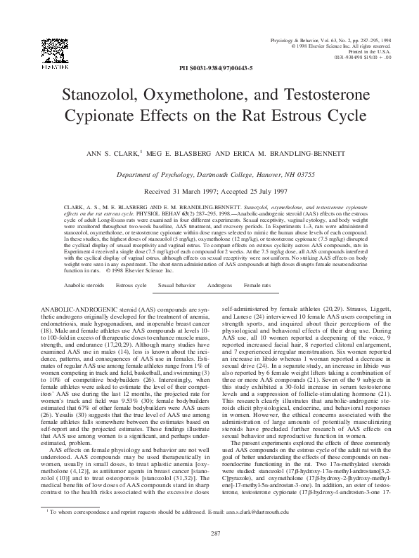 (PDF) Stanozolol, Oxymetholone, and Testosterone Cypionate Effects on