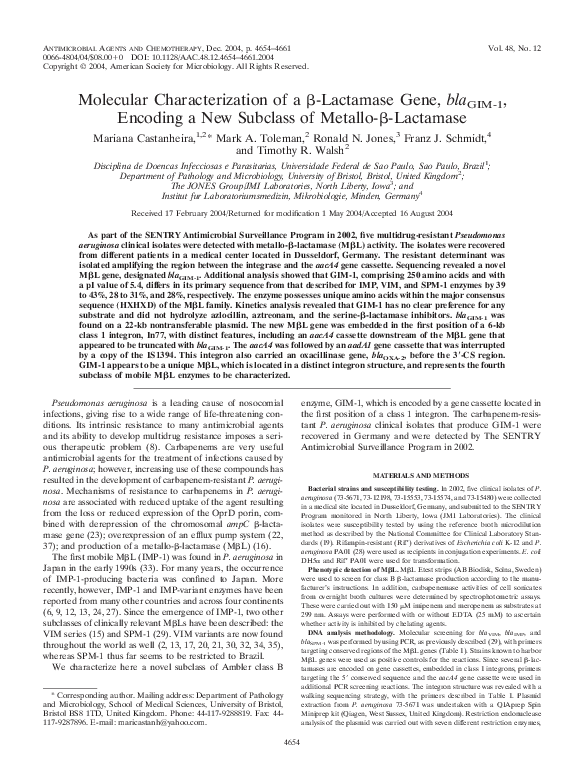 (PDF) Molecular Characterization of a -Lactamase Gene, blaGIM-1 ...