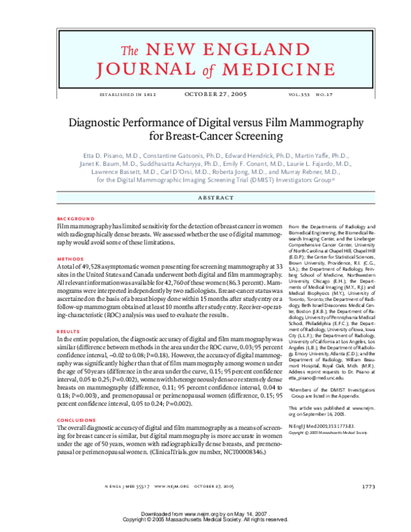 (PDF) Diagnostic Performance of Digital versus Film Mammography for ...