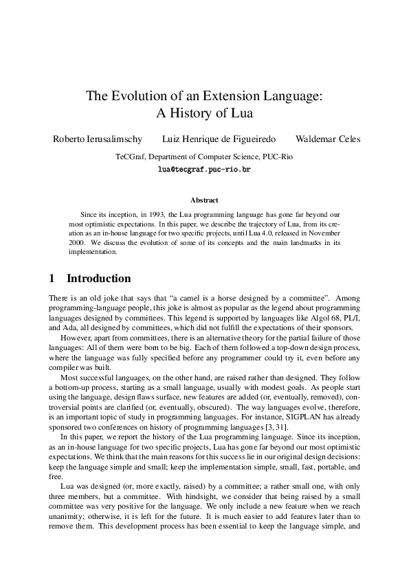 (PDF) The evolution of an extension language: A history of Lua