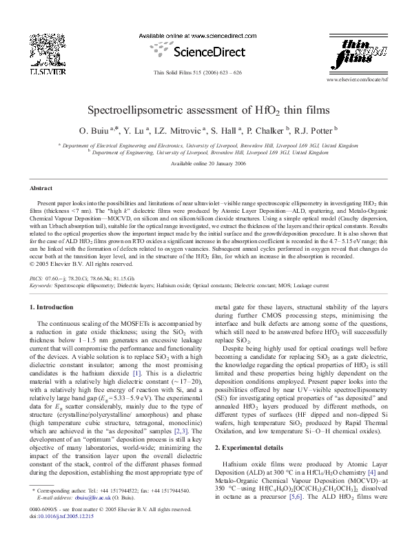 (PDF) Spectroellipsometric assessment of HfO2 thin films