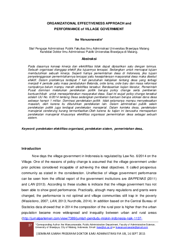 Pdf Organizational Effectiveness Approach And Performance Of Village Government Ike Wanusmawatie Academia Edu