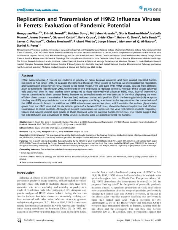 (PDF) Replication and transmission of H9N2 influenza viruses in ferrets ...