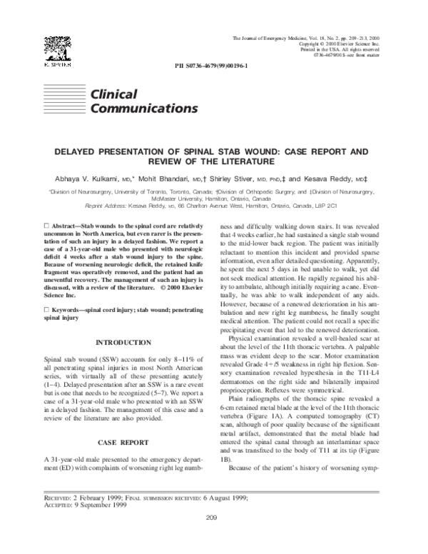 (PDF) Delayed presentation of spinal stab wound case report and review