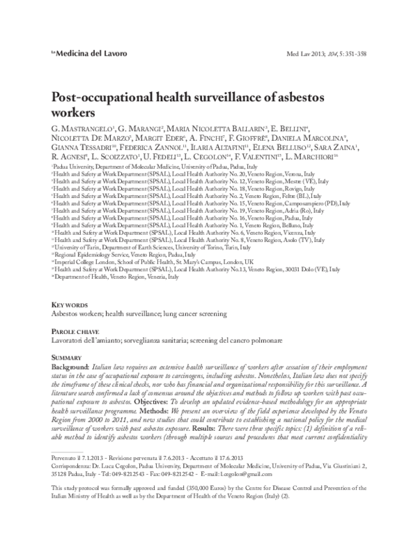 (PDF) Postoccupational health surveillance of asbestos workers Elena
