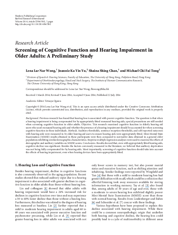 (PDF) Screening of Cognitive Function and Hearing Impairment in Older ...