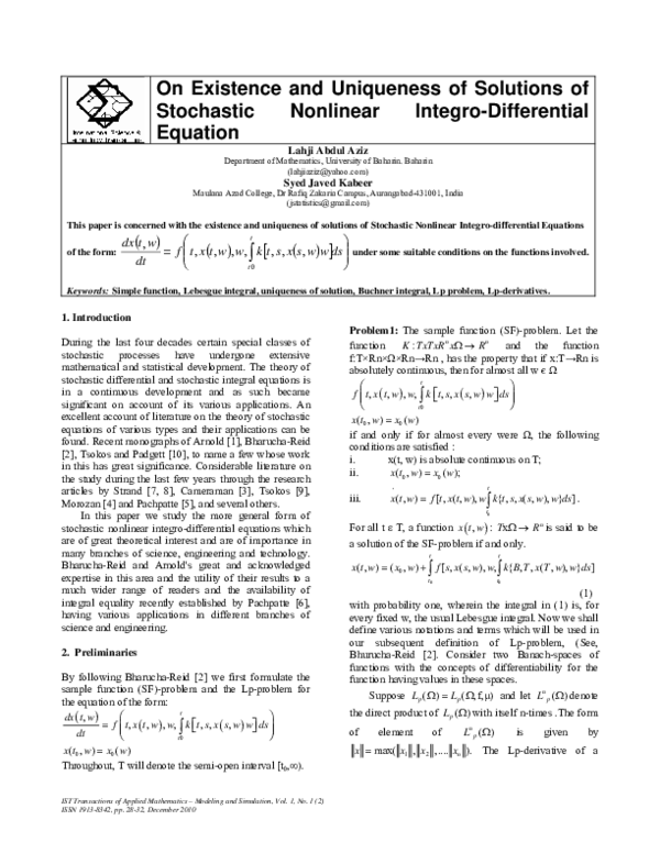(PDF) On Existence and Uniqueness of Solutions of Stochastic Nonlinear ...