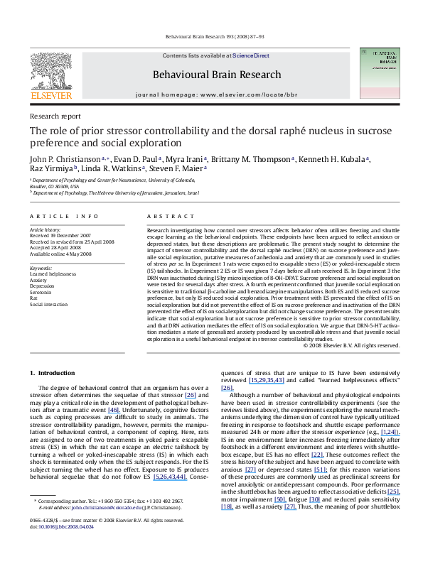 (PDF) The role of prior stressor controllability and the dorsal raphé ...