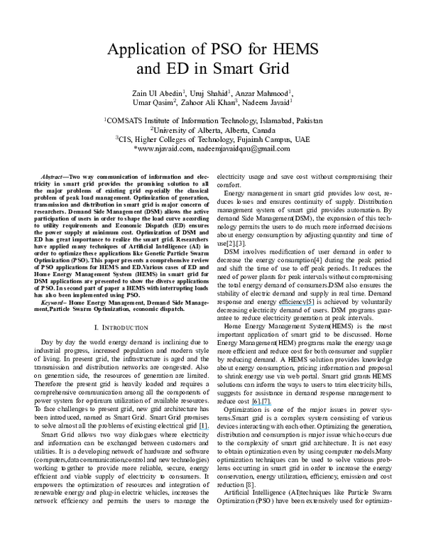 (PDF) Application of PSO for HEMS and ED in Smart Grid