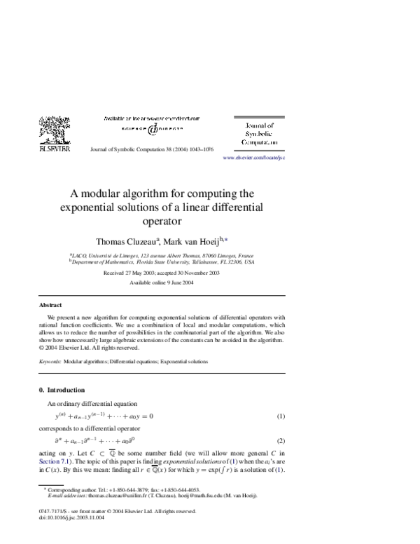 (PDF) A modular algorithm for computing the exponential solutions of a ...