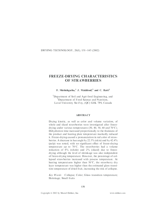 (PDF) FREEZEDRYING CHARACTERISTICS OF STRAWBERRIES Joseph Makhlouf