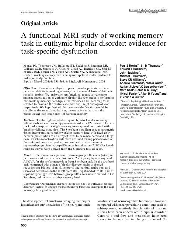 (PDF) A functional MRI study of working memory task in euthymic bipolar ...