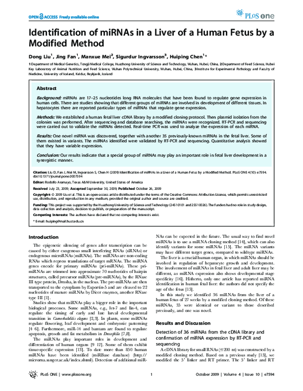 (PDF) Identification of miRNAs in a liver of a human fetus by a ...