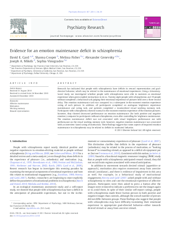 (PDF) Evidence for an emotion maintenance deficit in schizophrenia
