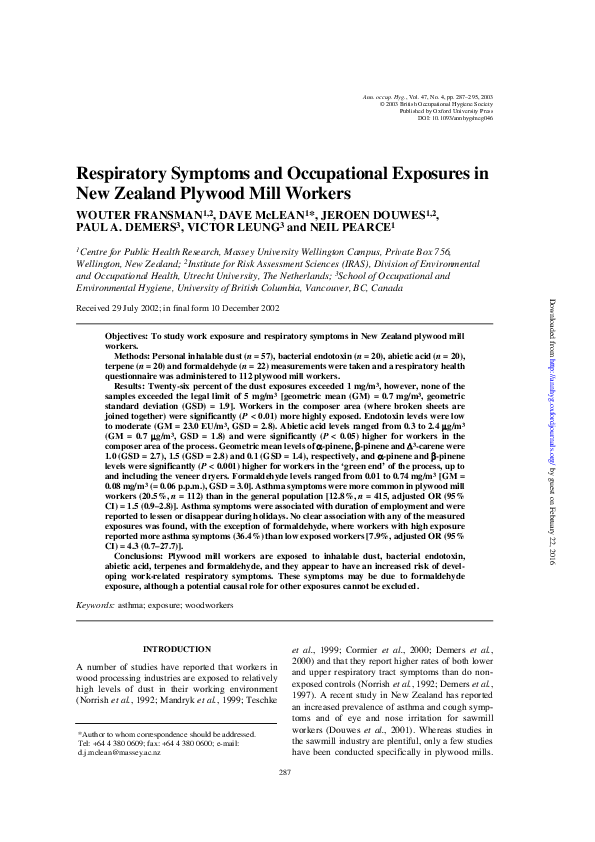 (PDF) Respiratory Symptoms and Occupational Exposures in New Zealand