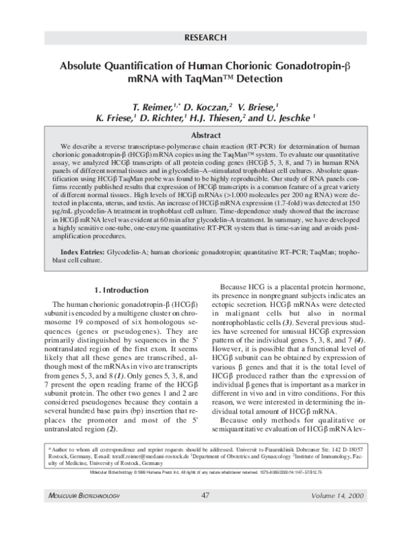 (PDF) Absolute Quantification of Human Chorionic Gonadotropin-Beta mRNA ...