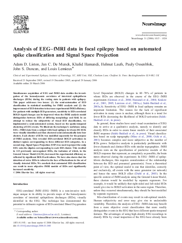 (PDF) Analysis of EEG–fMRI data in focal epilepsy based on automated ...