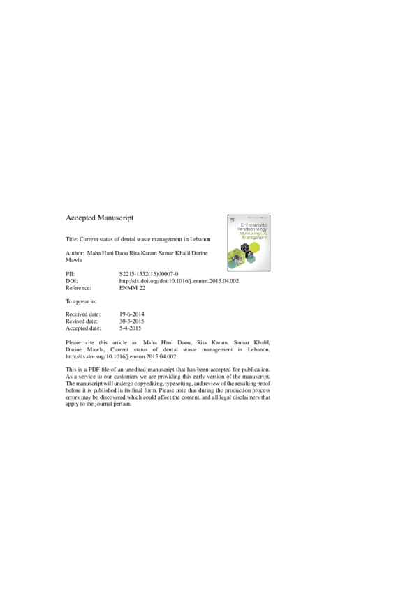  PDF Current Status Of Dental Waste Management In Lebanon Maha Daou 