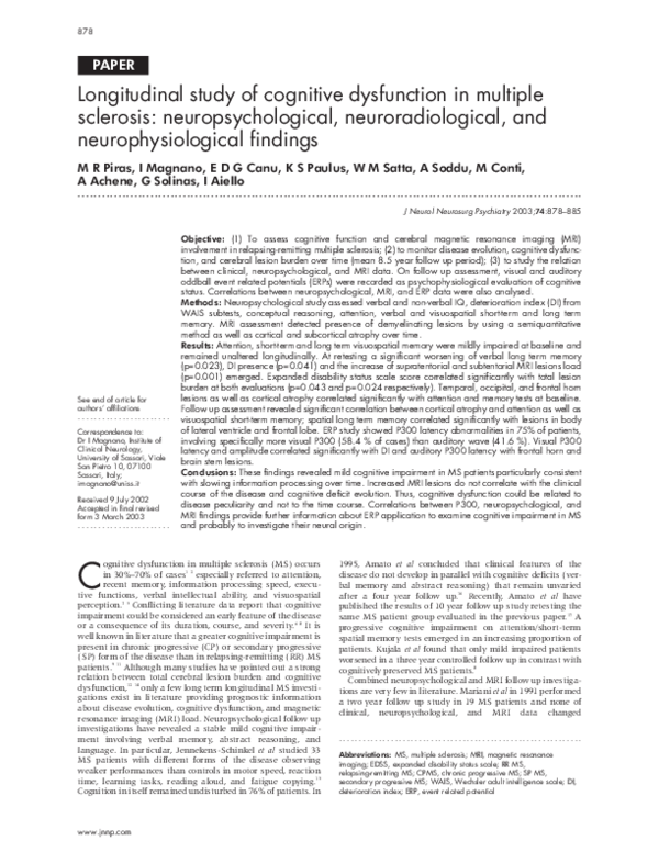 (PDF) Longitudinal study of cognitive dysfunction in multiple sclerosis ...