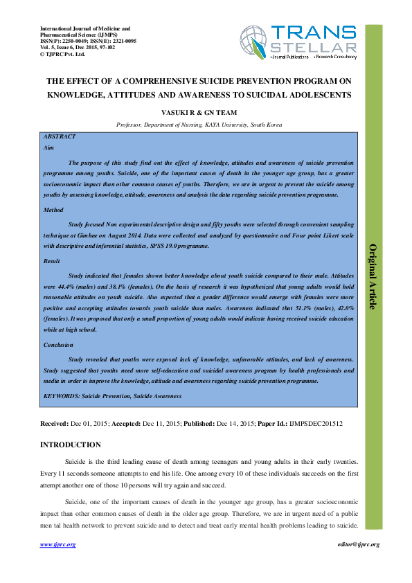 THE EFFECT OF A COMPREHENSIVE SUICIDE PREVENTION PROGRAM ON KNOWLEDGE ...