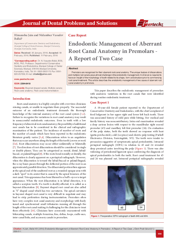 (PDF) Endodontic Management of Aberrant Root Canal Anatomy in Premolars A Report of Two Case