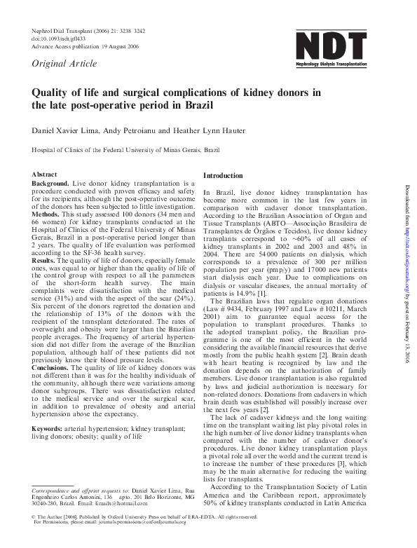 (PDF) Quality of life and surgical complications of kidney donors in ...
