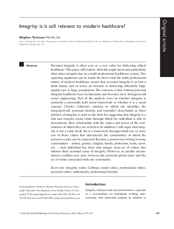 (PDF) Integrity: is it still relevant to modern healthcare?