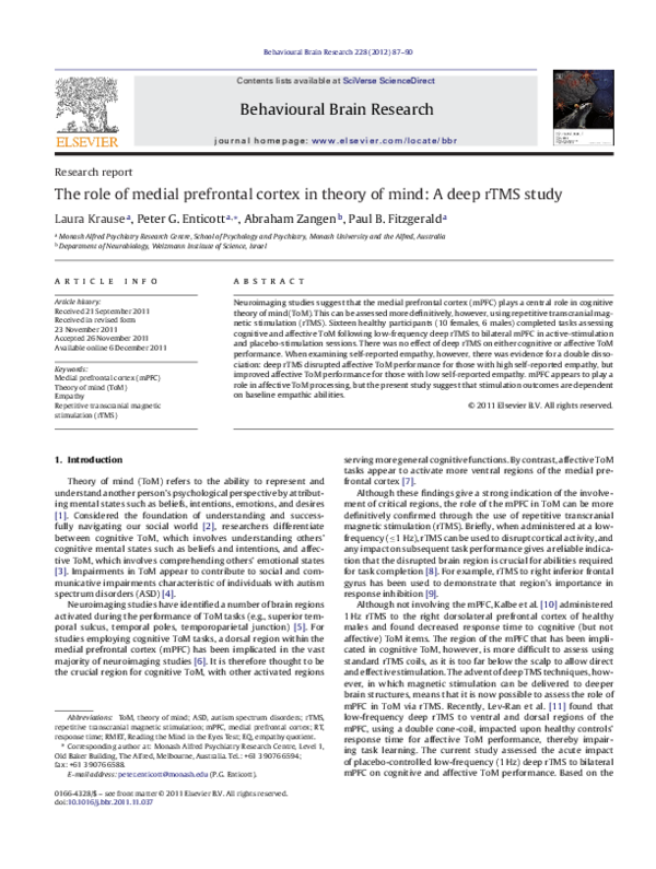 (PDF) The role of medial prefrontal cortex in theory of mind: A deep ...