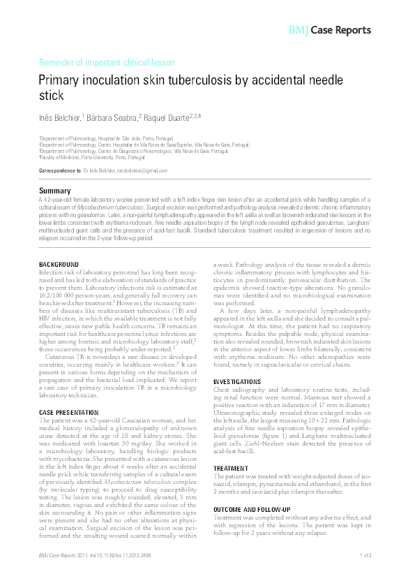 (PDF) Primary inoculation skin tuberculosis by accidental needle stick