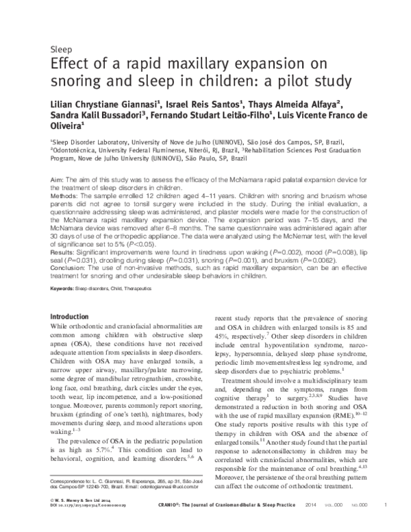 (PDF) Effect of a rapid maxillary expansion on snoring and sleep in ...