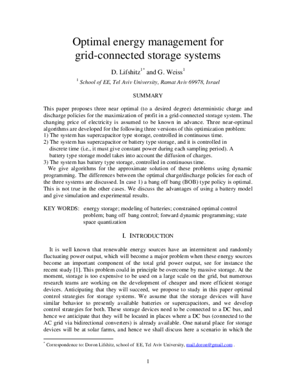 (PDF) Optimal energy management for grid-connected storage systems