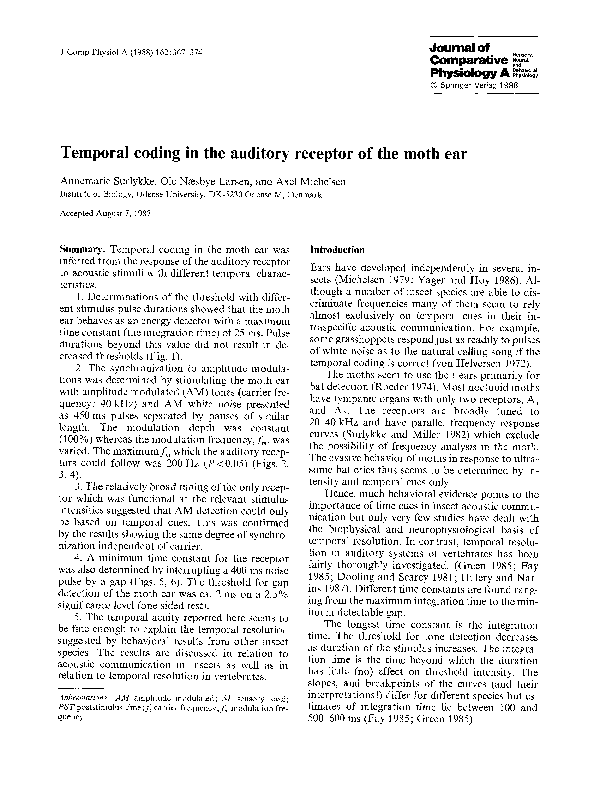 (PDF) Temporal coding in the auditory receptor of the moth ear
